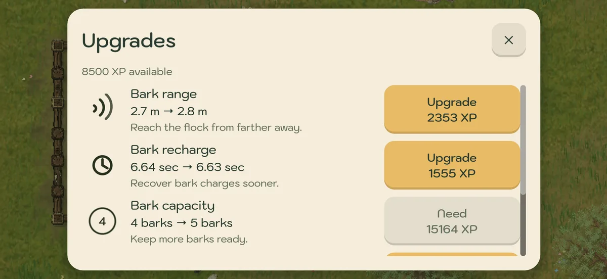 The Upgrades screen shows Bark range, recharge and capacity improvements bought with earned XP.