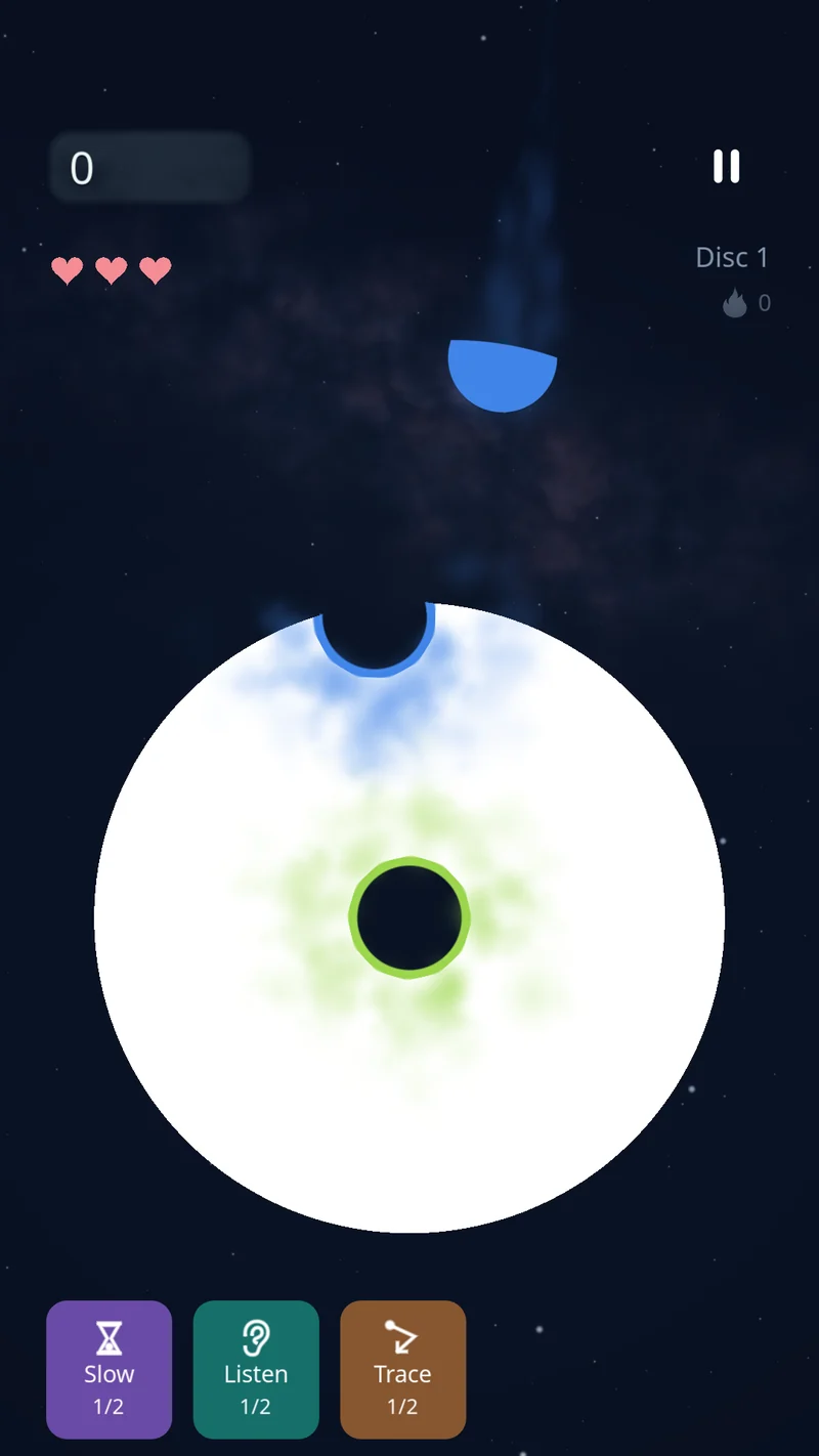 A blue piece approaches its matching opening in a glowing disc against a starry background.