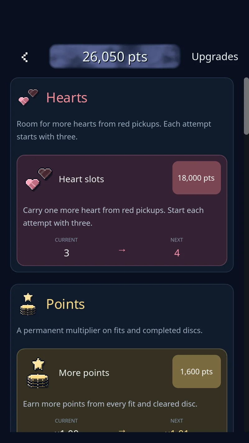 The upgrades menu offers improvements purchased with points earned through gameplay.
