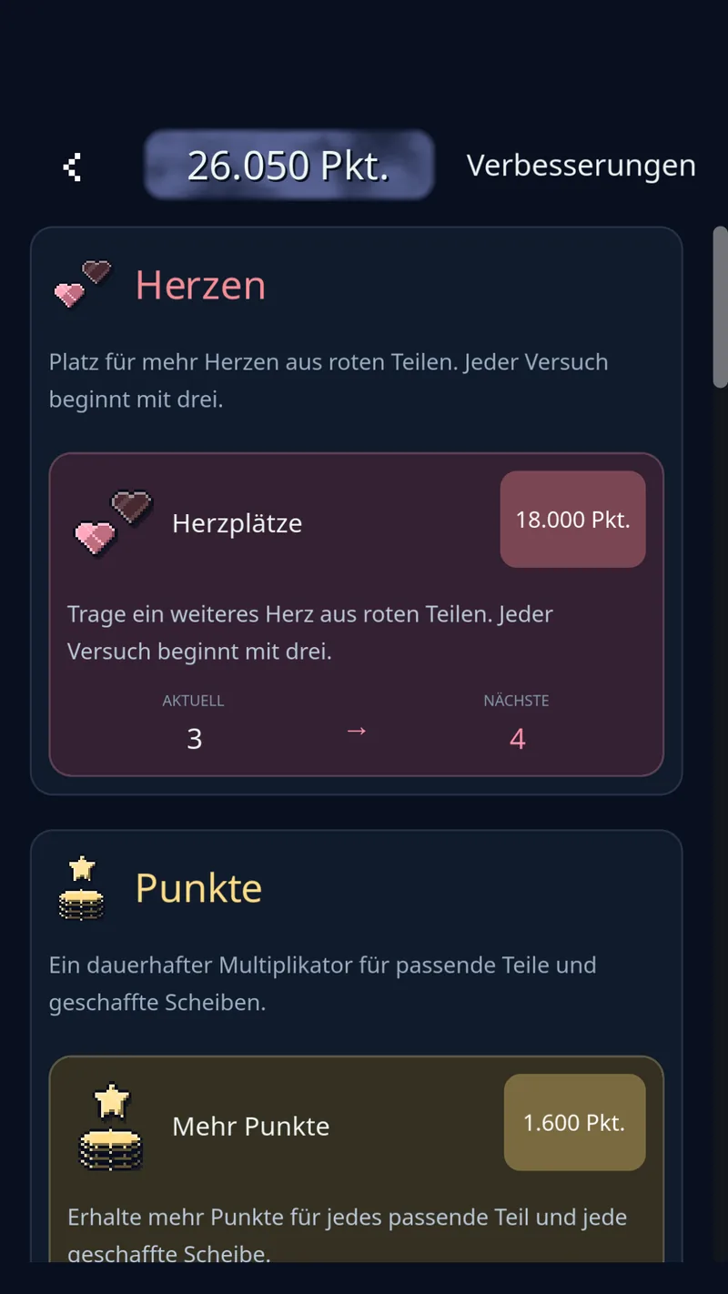Discozys Shop zeigt Verbesserungen für Kräfte, Punkte und Herzen, die mit erspielten Punkten gekauft werden.