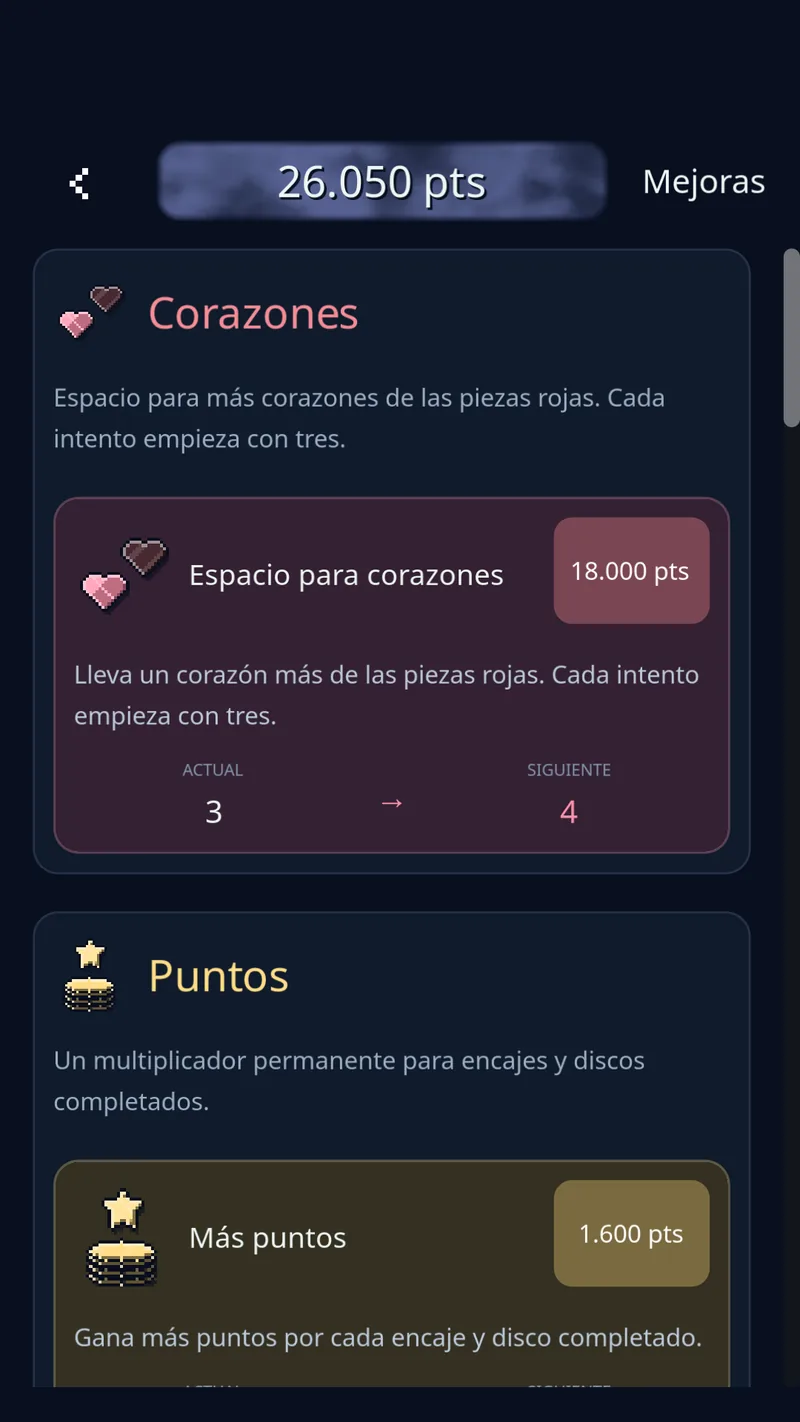 La tienda de Discozy muestra mejoras de poderes, puntos y corazones que se compran con puntos ganados jugando.