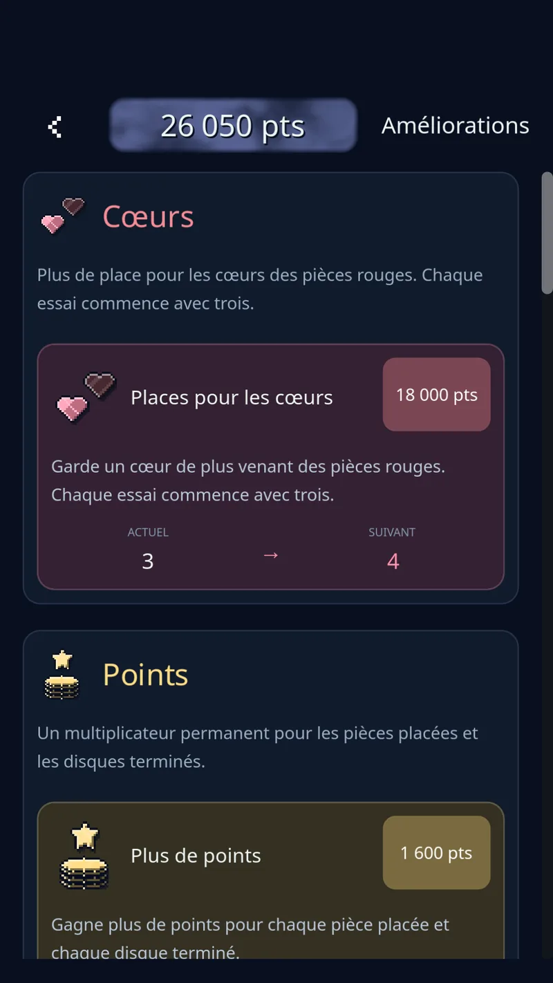 La boutique de Discozy propose des améliorations de pouvoirs, de score et de cœurs achetées avec les points gagnés en jouant.