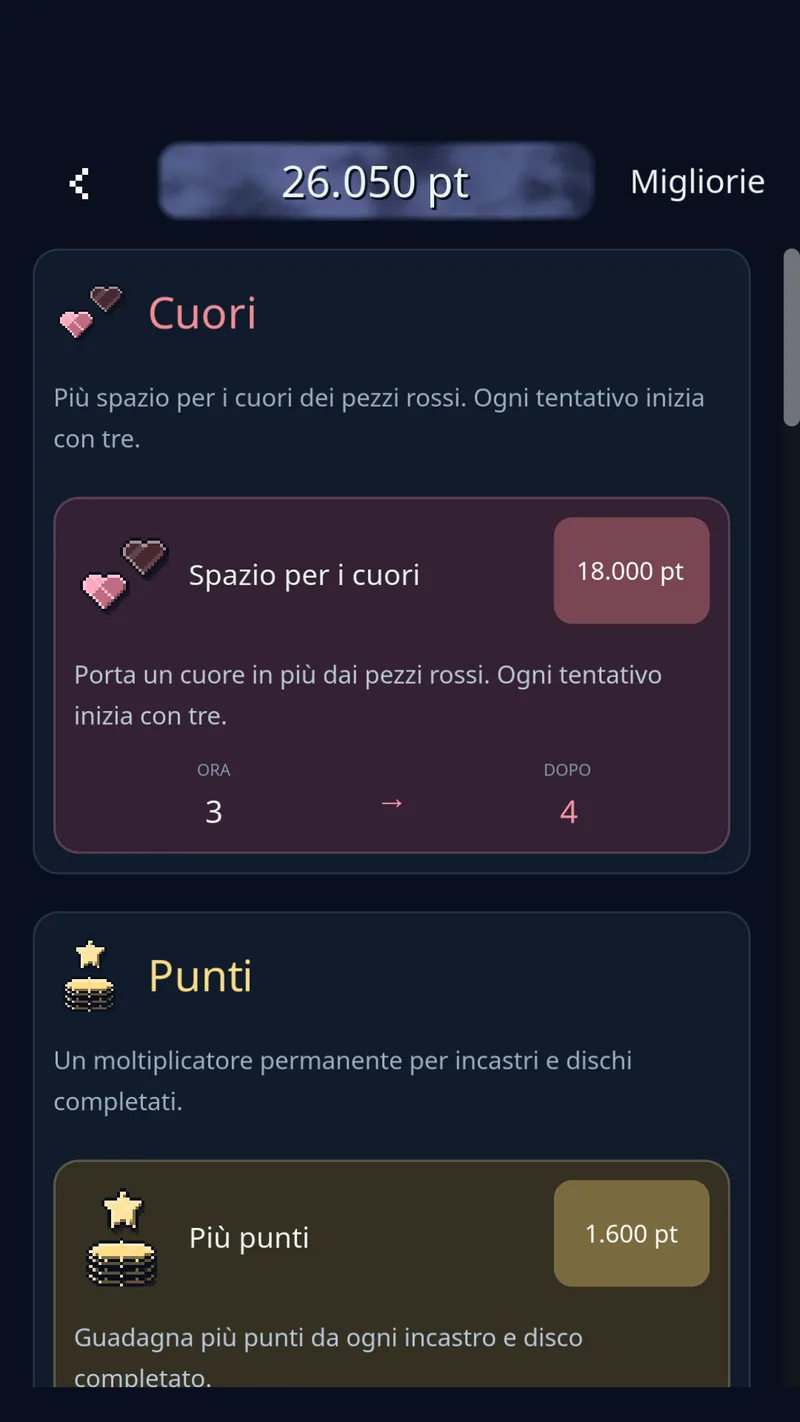 Il negozio di Discozy mostra miglioramenti di poteri, punti e cuori acquistati con i punti guadagnati giocando.
