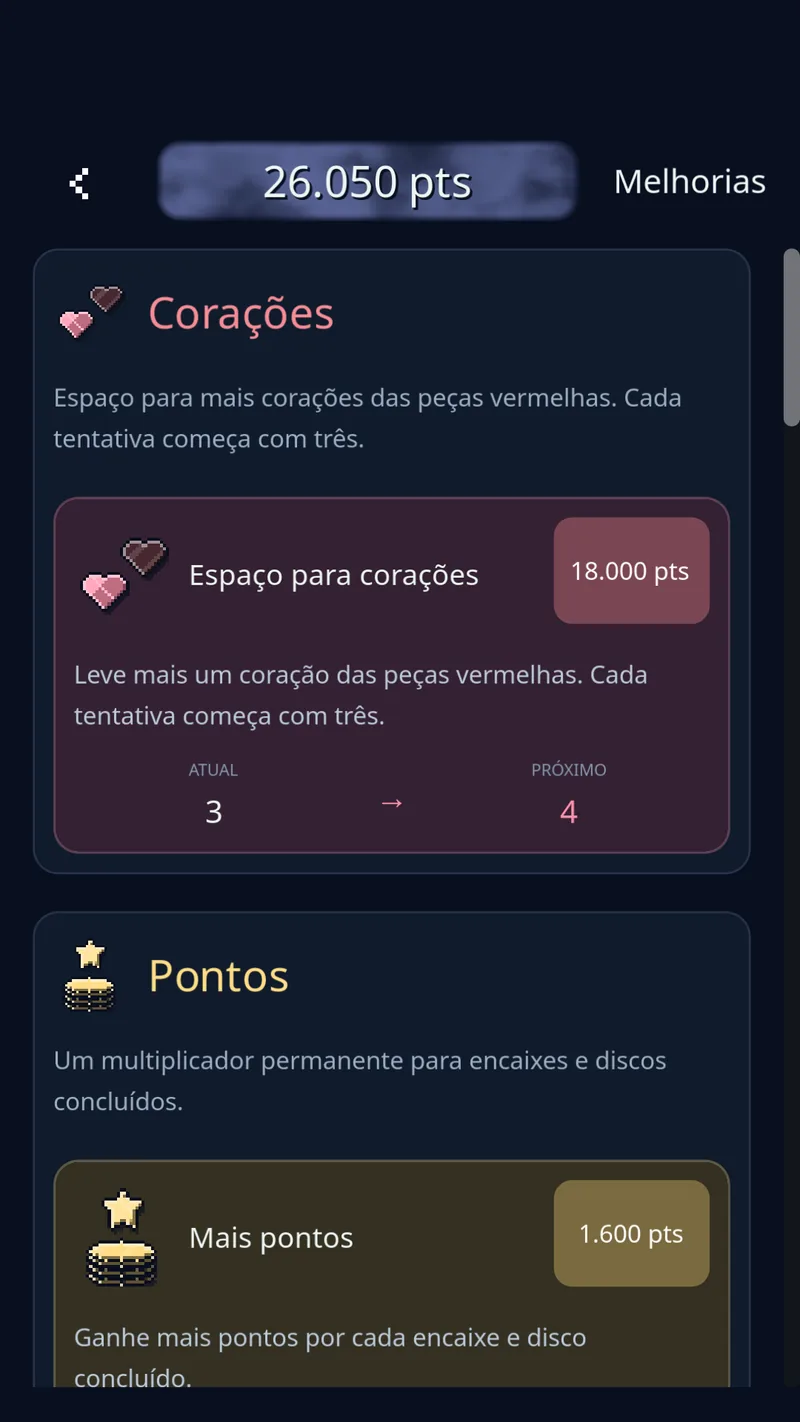 A loja de Discozy mostra melhorias de poderes, pontos e corações compradas com pontos conquistados no jogo.
