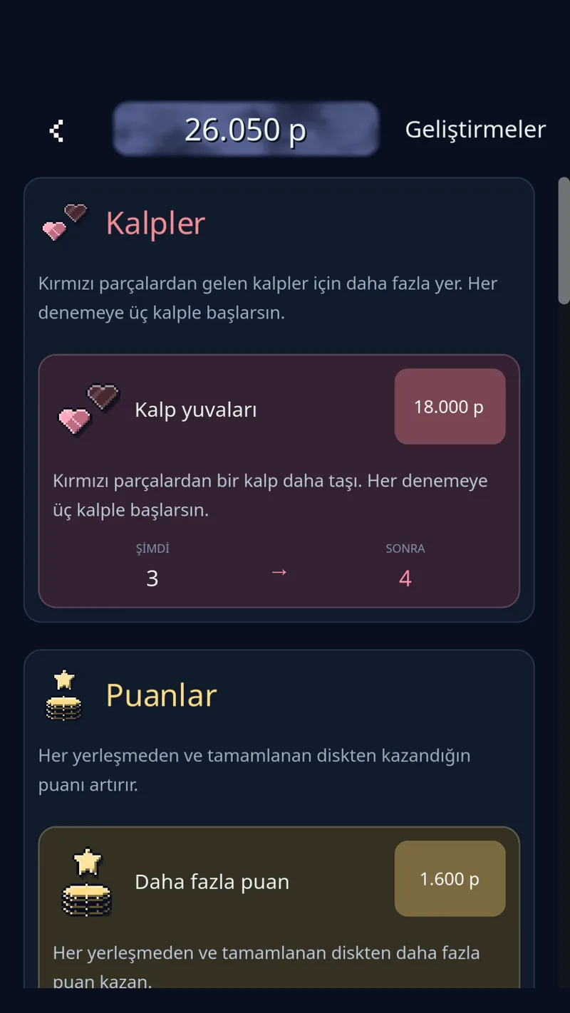 Discozy’nin geliştirme dükkânında kazanılan puanlarla alınan güç, puan ve kalp geliştirmeleri.