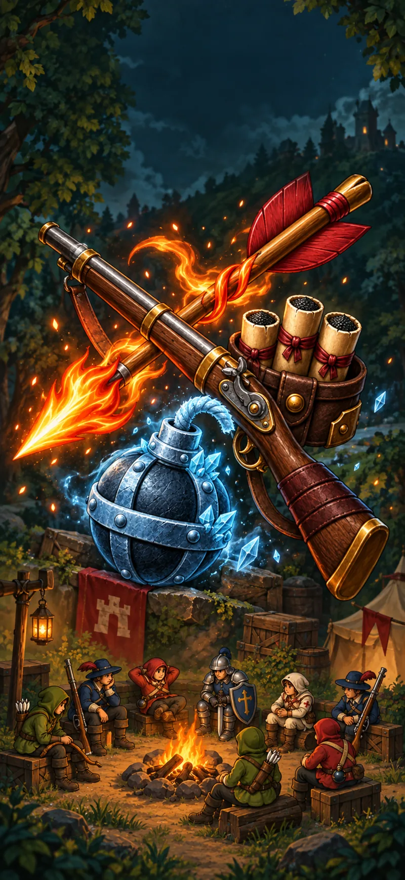 Illustrated arrows, a musket and a frost-covered bomb above defenders gathered around a campfire.