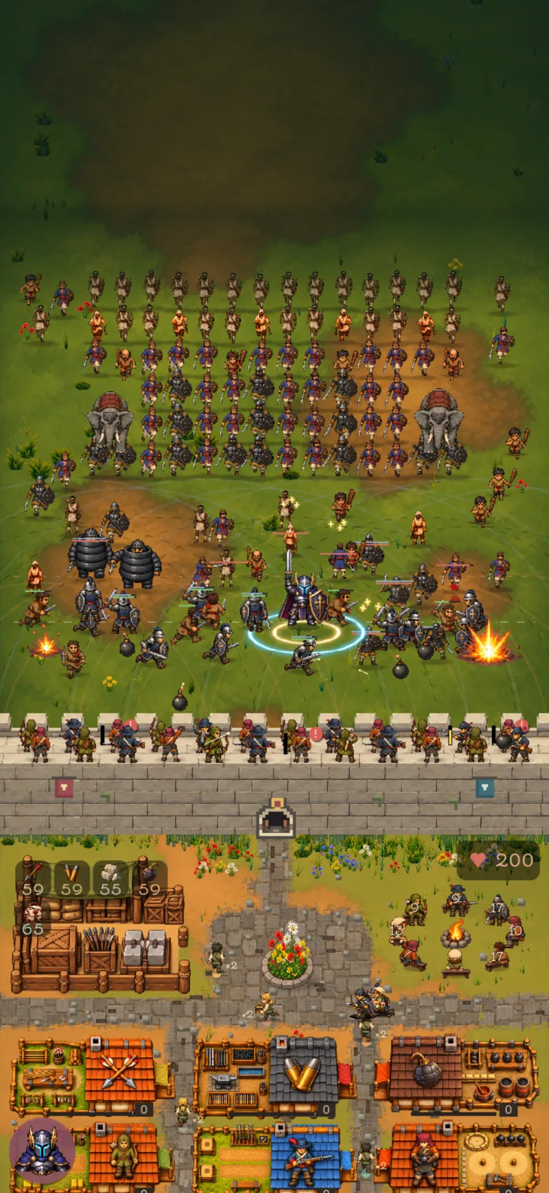 Archers and musketeers defend a stone wall against enemy troops and war elephants.