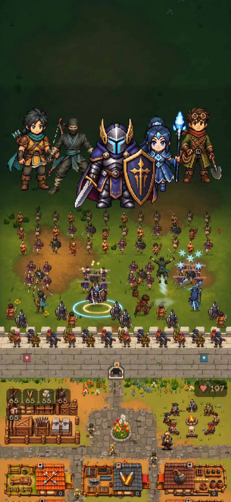 The game’s Heroes, including the Knight, Ninja, Ice Sorcerer and Sapper, above a battle at the wall.
