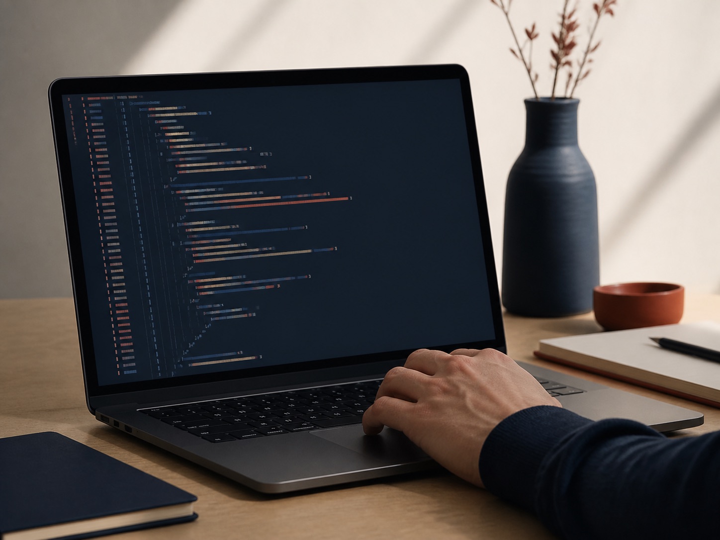 Software development workspace with code on a laptop
